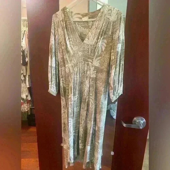 Desmond & Dempsey x H&M Linen Pleated Palm Tree Green White Midi Dress Sz. XS - Picture 2 of 7